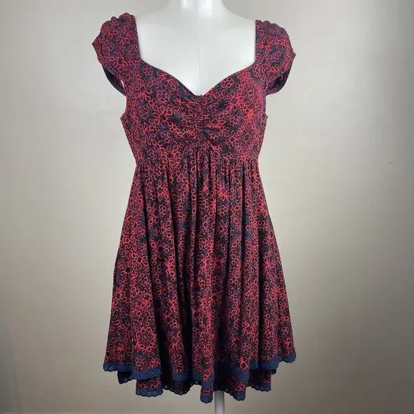 Free People Tabitha Mini Babydoll Boho Dress Cap Sleeve Floral Red Size M - Picture 2 of 11